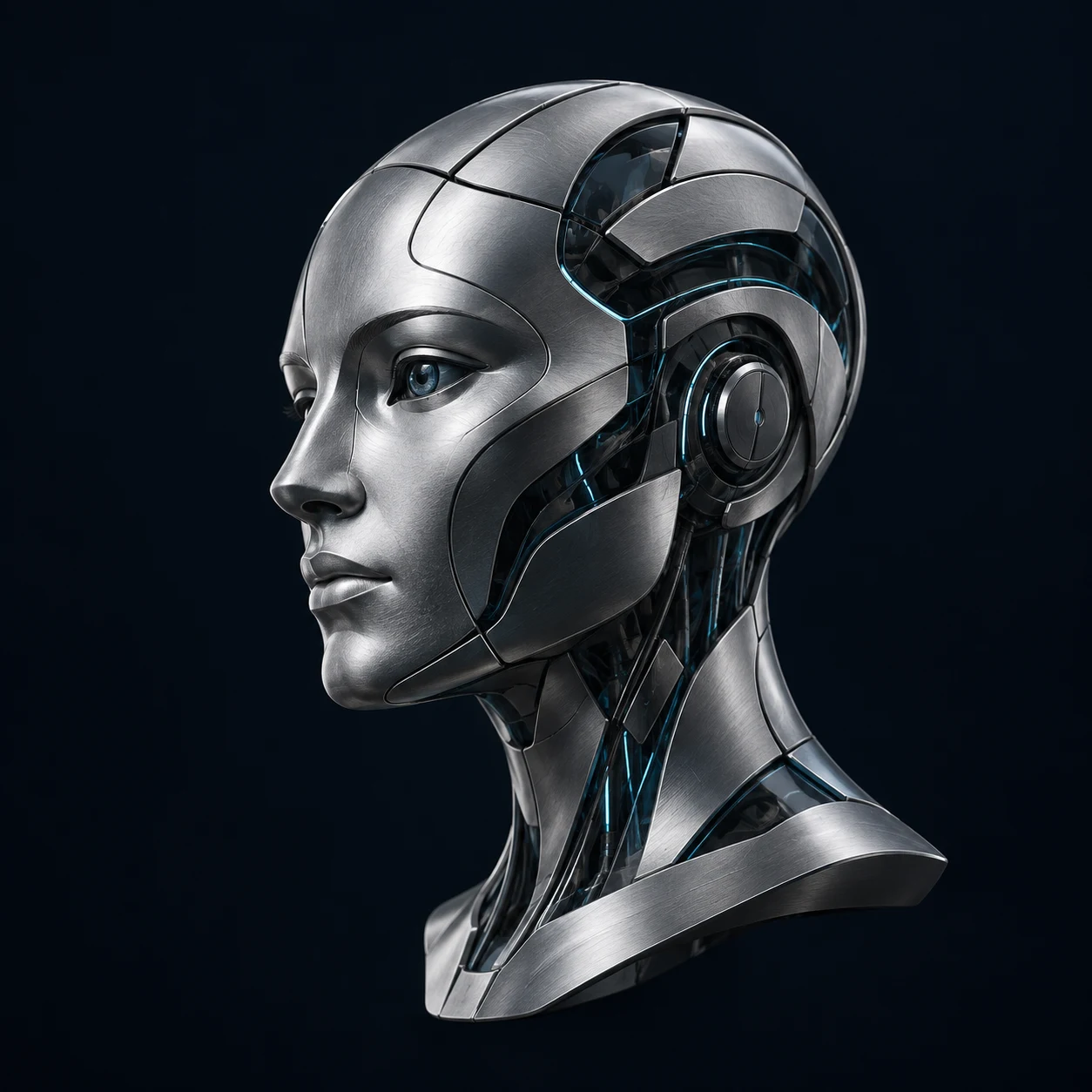 Precision titanium robotic sculpture with controlled cyan signal pathways